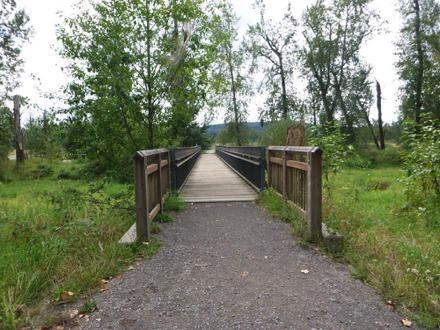 Wooden bridge with railing over Gibbons Creek – may be slippery when wet – surface transitions may have a lip